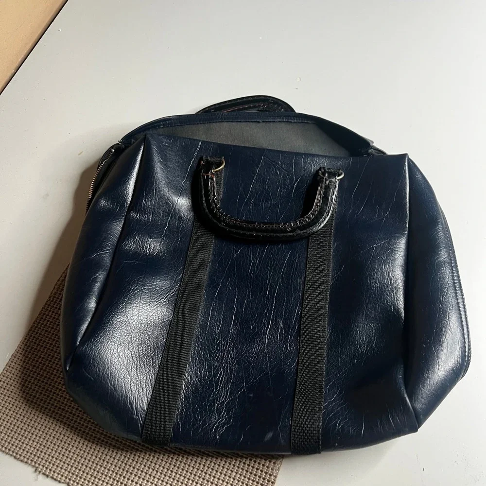 Vintage 70s Navy Blue Faux Leather Briefcase Zippered Document Bag Laptop Case